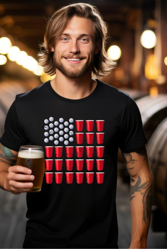 Fun and patriotic USA July 4th graphic tee with beer pong in the form of the USA flag on the front, perfect for festive celebrations and party games on a black graphic tee.