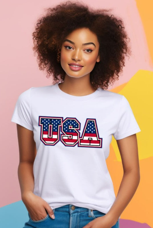 USA American flag lettering PNG sublimation digital download design, on a white graphic tee.
