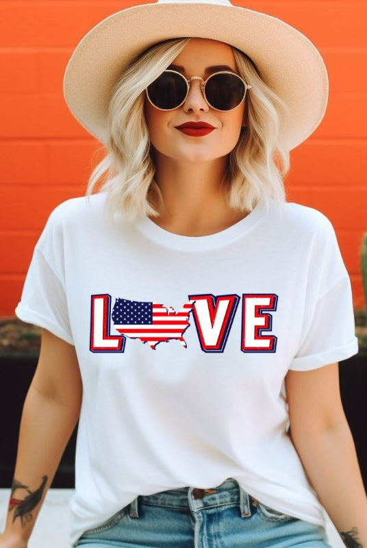 Charming and patriotic USA July 4th graphic tee featuring the word 'Love' with the 'O' represented by the United States map, creating a heartfelt and stylish design on a classic white tee.