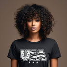 Rustic USA PNG sublimation digital download design, on a black graphic tee.