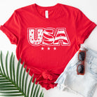 Rustic USA PNG sublimation digital download design, on a red graphic tee.