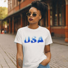 USA Smokey Blue Lettering PNG sublimation digital download design, on a white graphic tee.
