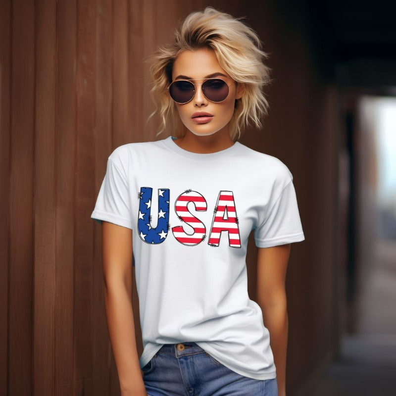 USA stars and stripes PNG sublimation digital download design, on a white graphic tee.