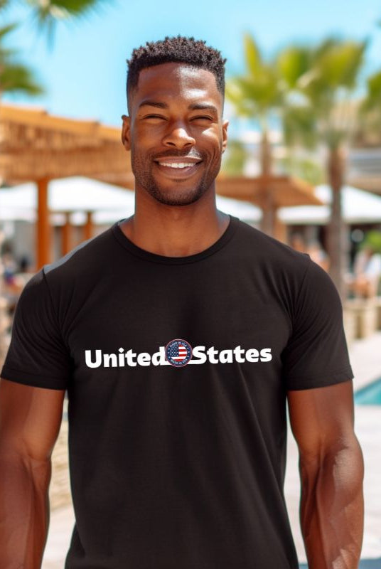 A patriotic graphic tee for the USA July 4th celebration featuring the phrase 'United States' prominently displayed on the front. The design embodies a sense of unity and national pride, making it a fitting choice for celebrating Independence Day and demonstrating love for the country on black graphic tee.