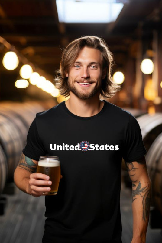 A patriotic graphic tee for the USA July 4th celebration featuring the phrase 'United States' prominently displayed on the front. The design embodies a sense of unity and national pride, making it a fitting choice for celebrating Independence Day and demonstrating love for the country on black graphic tee.