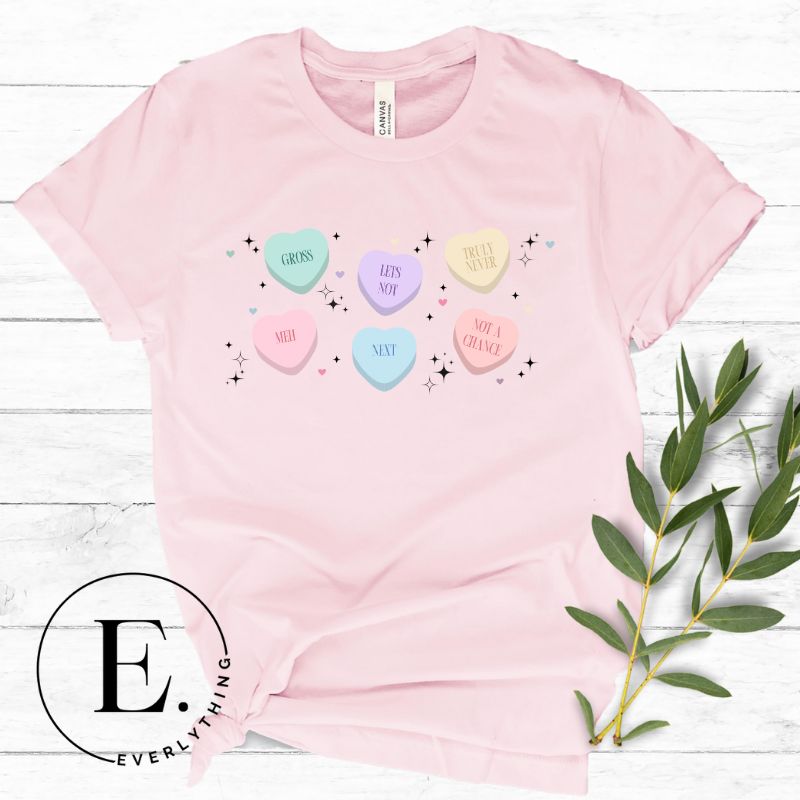 Express your Valentine's Day humor with our PNG sublimation digital download! Create a unique shirt featuring Valentine's Day candies with quirky sayings like "Meh," "Gross," "Not a Chance," "Let's Not," "Truly Never," and " Next." Example of this PNG design on a pink shirt. 