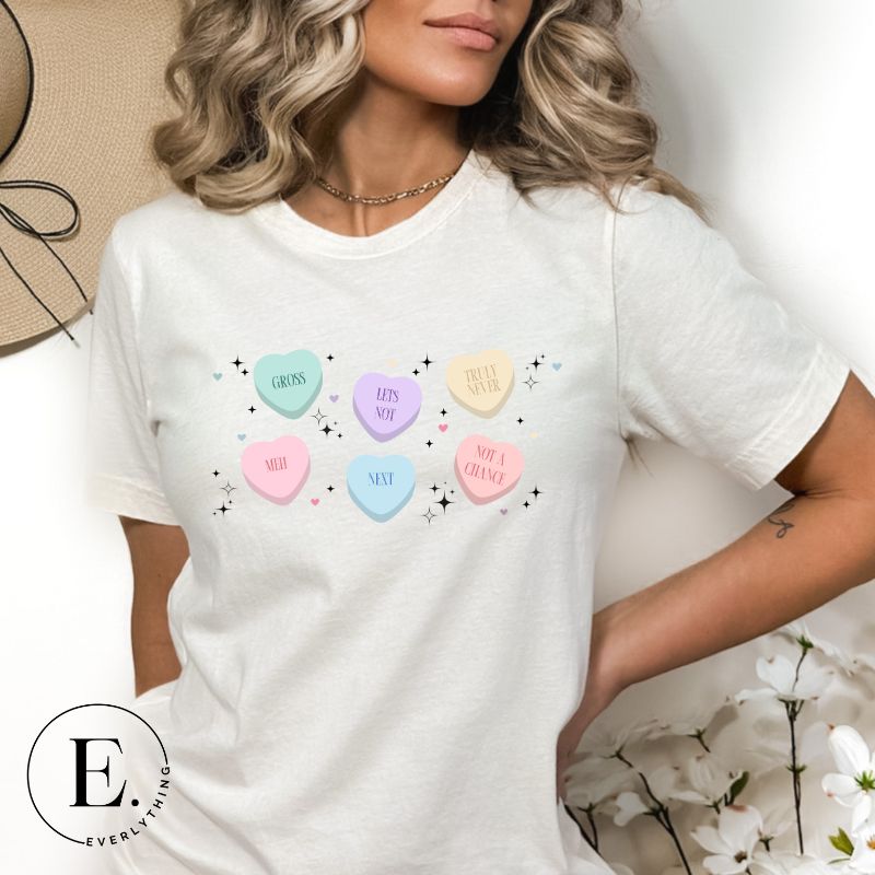 Express your Valentine's Day humor with our PNG sublimation digital download! Create a unique shirt featuring Valentine's Day candies with quirky sayings like "Meh," "Gross," "Not a Chance," "Let's Not," "Truly Never," and " Next." Example of this PNG design on a white shirt. 