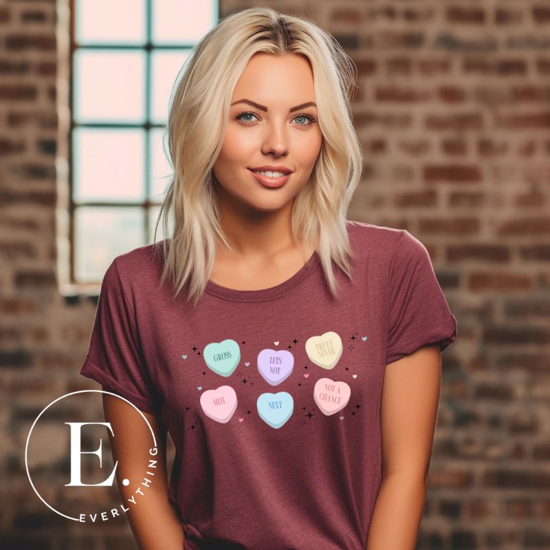 Express your Valentine's Day humor with our PNG sublimation digital download! Create a unique shirt featuring Valentine's Day candies with quirky sayings like "Meh," "Gross," "Not a Chance," "Let's Not," "Truly Never," and " Next." Example of this PNG design on a maroon shirt. 