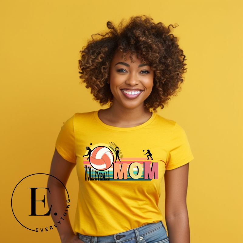 ﻿Bump, set, spike, and show your support with our Volleyball MOM shirt sublimation download. This PNG file is ideal for sublimation printing, featuring a stylish design that celebrates the pride of being a volleyball mom. PNG on a yellow shirt. 
