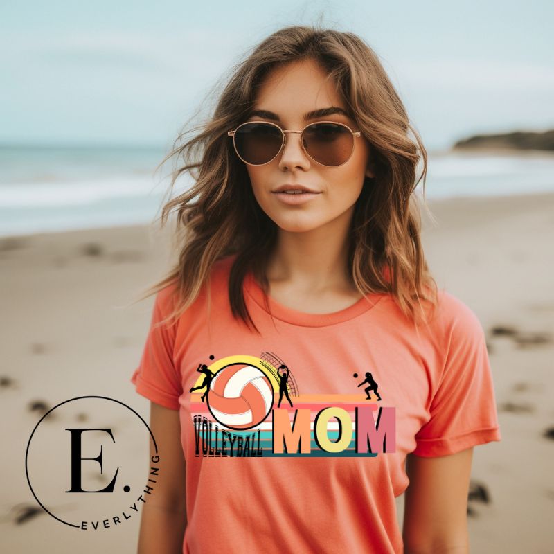 ﻿Bump, set, spike, and show your support with our Volleyball MOM shirt sublimation download. This PNG file is ideal for sublimation printing, featuring a stylish design that celebrates the pride of being a volleyball mom. PNG on a peach shirt. 