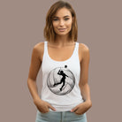 A women's Next Level Racerback tank top in heather white, featuring a large black silhouette of a volleyball player mid-jump with a volleyball backdrop. The tank is made from a blend of polyester, combed ring-spun cotton, and rayon, ensuring a soft and comfortable fit.