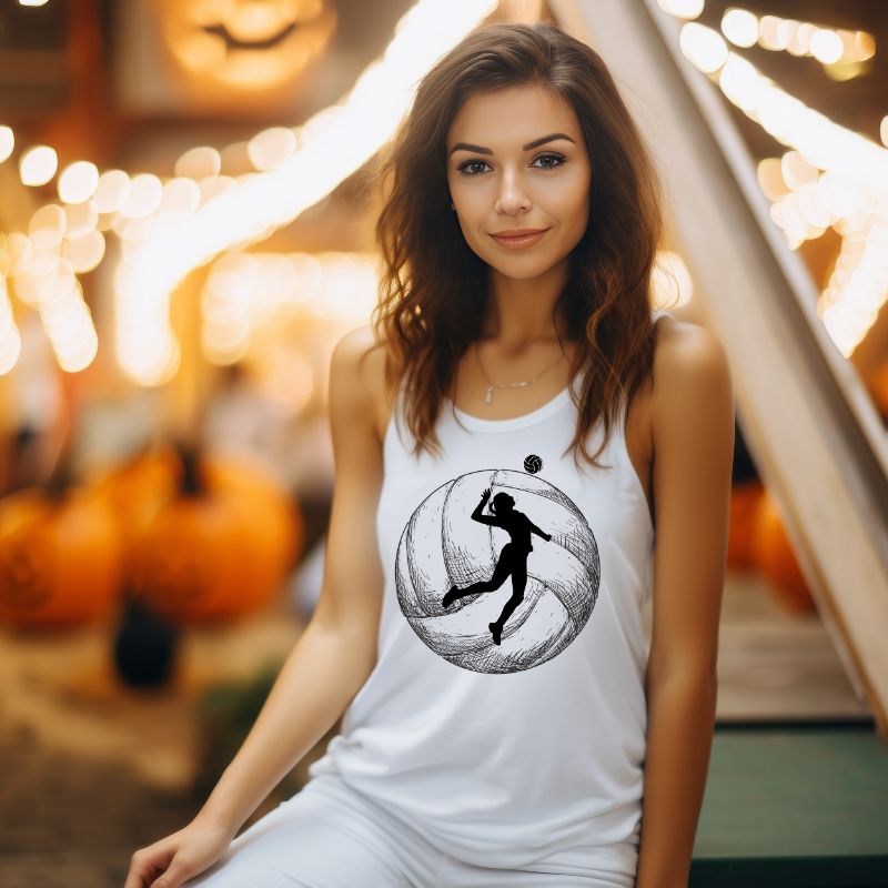 A women's Next Level Racerback tank top in heather white, featuring a large black silhouette of a volleyball player mid-jump with a volleyball backdrop. The tank is made from a blend of polyester, combed ring-spun cotton, and rayon, ensuring a soft and comfortable fit.