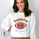 Show your support for the Washington Commanders with this stylish sweatshirt, featuring a football and fun lips and tongue design. Complete with the team's slogan "Take Command" and the distinctive Washington wordmark, on a white sweatshirt. . 