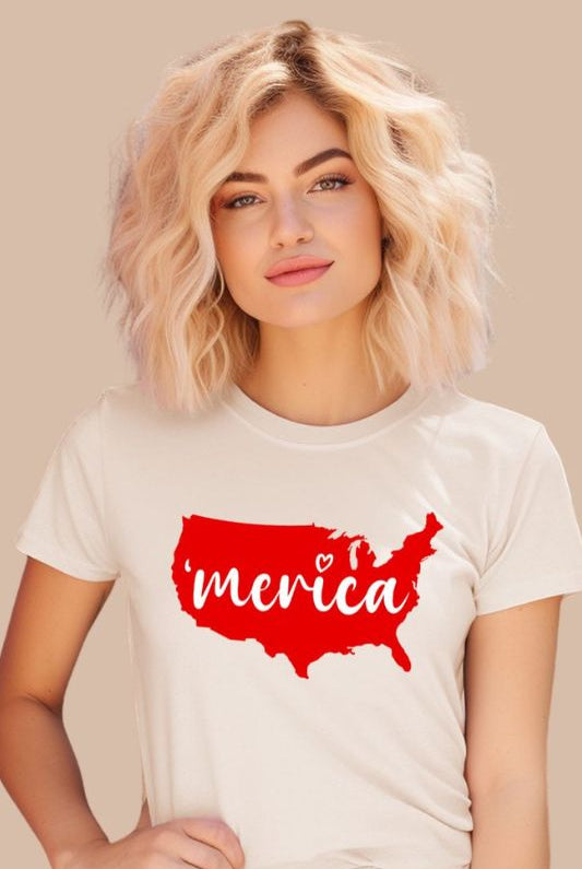Graphic of the map of the USA with the text 'Merica' on the front of a white graphic tee.