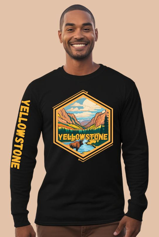 Yellowstone National Park Unisex long-sleeve shirt, with image on right arm and front on a black shirt.