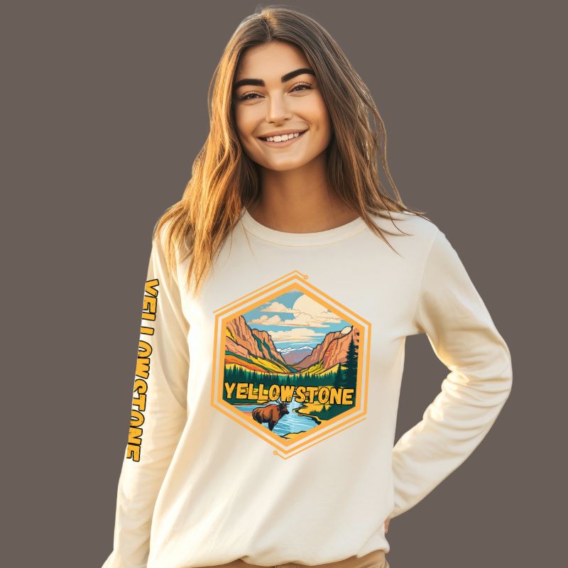 Yellowstone National Park Unisex long-sleeve shirt, with image on right arm and front on a white shirt.