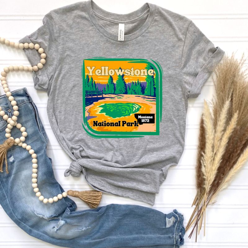 Yellowstone National Park Graphic on a grey shirt. 