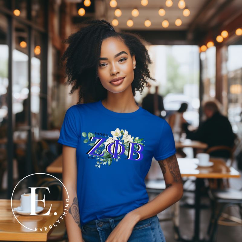 Unleash your Zeta Phi Beta sisterhood with our exclusive sublimation t-shirt download. Featuring the sorority's letters and the elegant white rose on a blue shirt. 