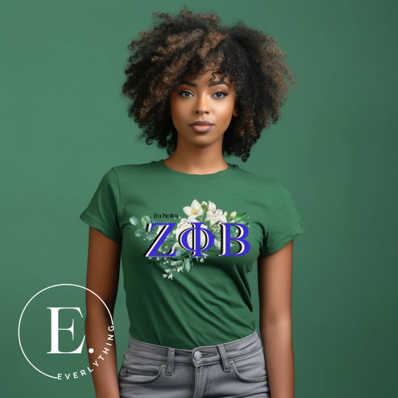 Unleash your Zeta Phi Beta sisterhood with our exclusive sublimation t-shirt download. Featuring the sorority's letters and the elegant white rose on a green shirt. 
