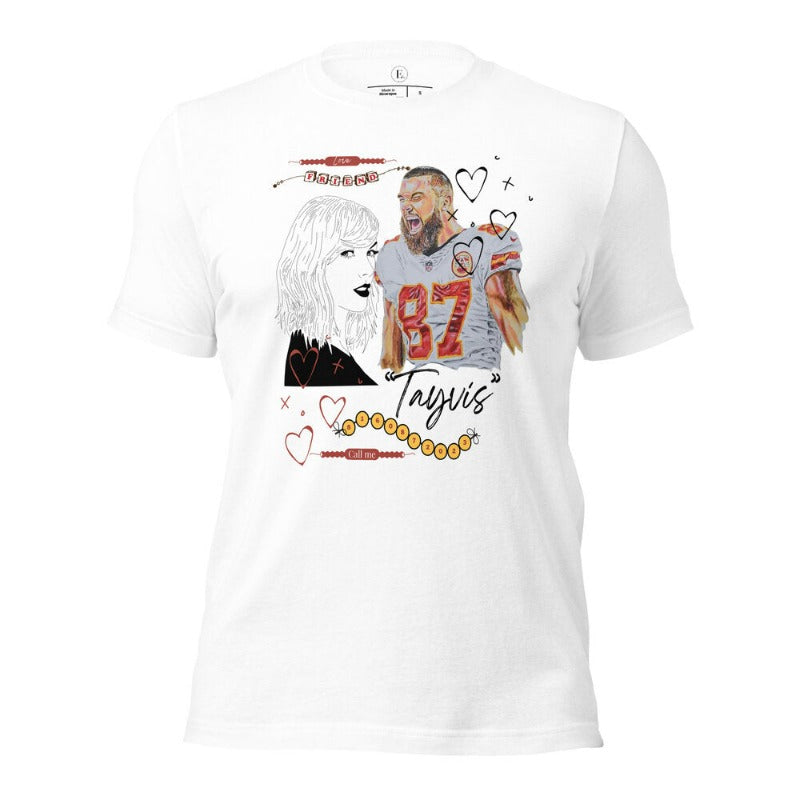 Don't miss out on the latest Pop Culture Phenomenon Taylor Swift + Tavis Kelce Love Story. Friendship bracelets and more on a white t-shirt. , 