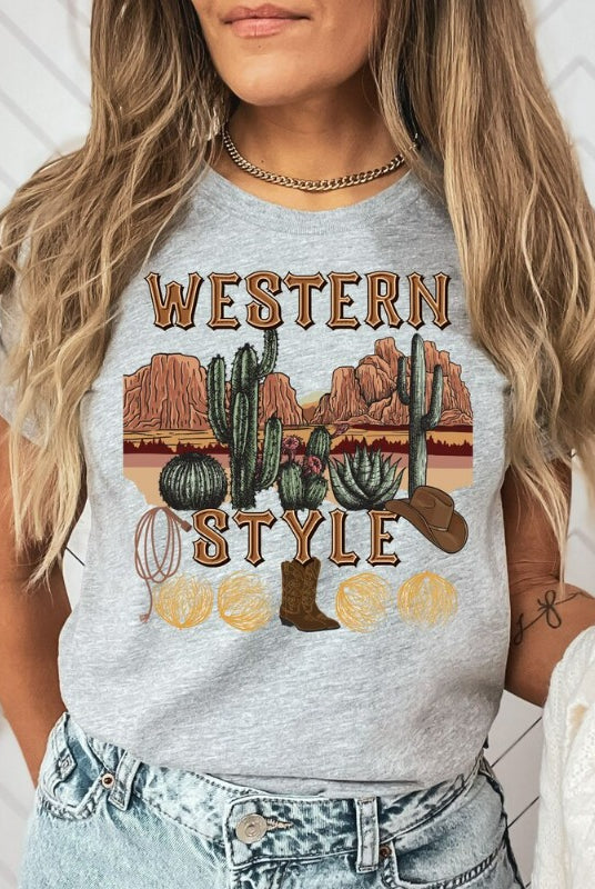 Embrace the rugged charm of the Wild West with our country western shirt featuring the iconic phrase "Western Style" set against a stunning desert background on a grey shirt. 