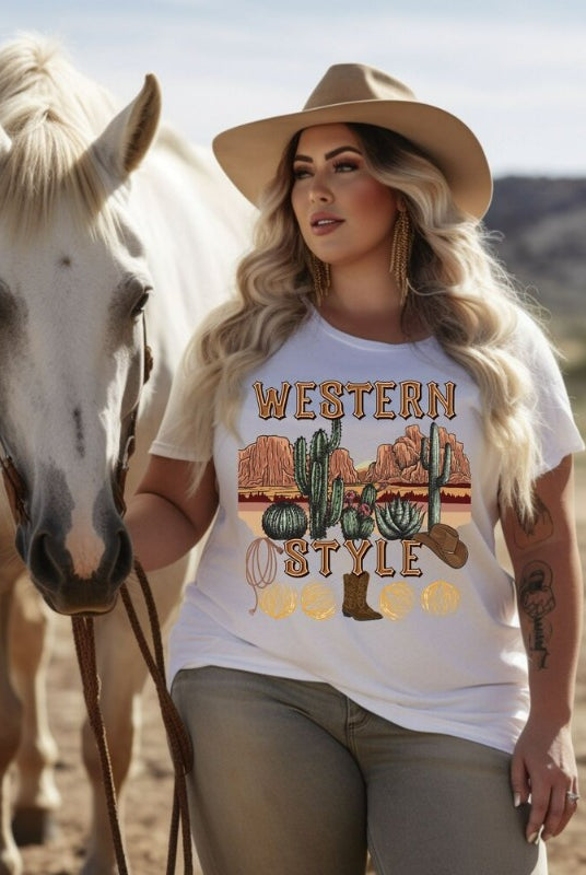 Embrace the rugged charm of the Wild West with our country western shirt featuring the iconic phrase "Western Style" set against a stunning desert background on a white shirt. 