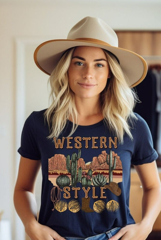 Embrace the rugged charm of the Wild West with our country western shirt featuring the iconic phrase "Western Style" set against a stunning desert background on a navy shirt. 