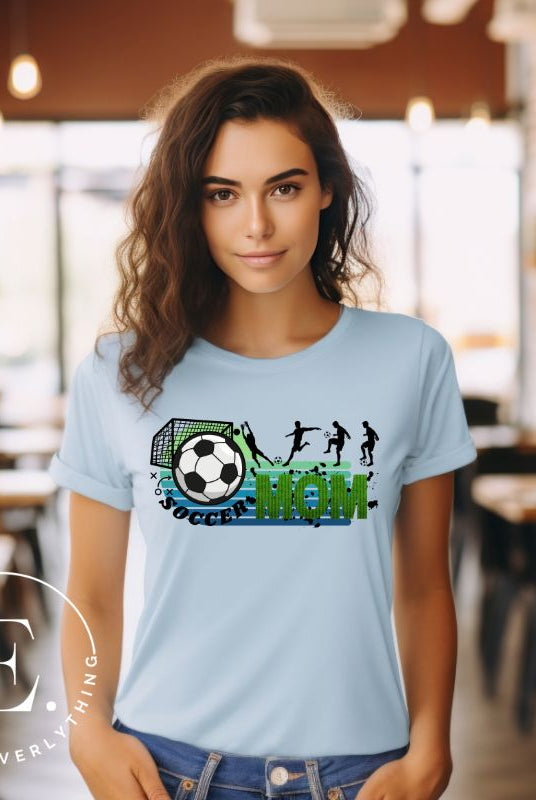 Support your soccer star on and off the field with our Soccer Mom t-shirt. Crafted with soft, breathable fabric, this shirt ensures comfort all day long. It's trendy design showcases your love for the game and your role as a proud soccer mom on a blue shirt. 