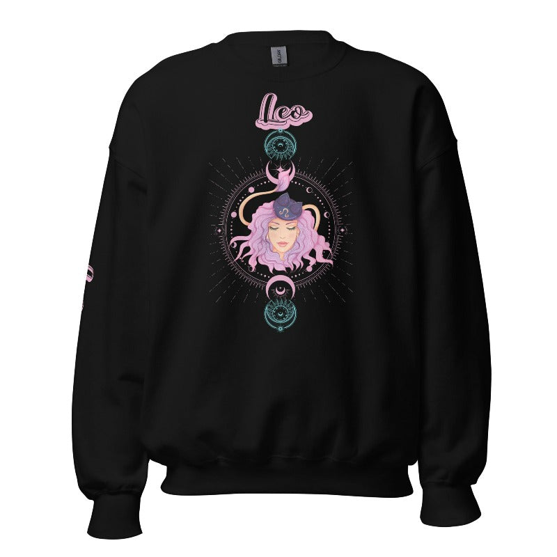 Gildan crewneck pullover sweatshirt featuring a pastel illustration of a Leo figure with flowing purple hair, surrounded by celestial elements. The word "Leo" is written in pink on the sleeve, adding a stylish touch on a black sweatshirt. 