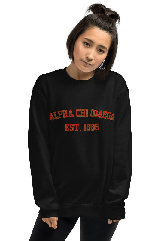 Stay cozy in style with this Alpha Chi Omega Est 1885 pullover sweatshirt - a must-have for any collection of sorority sweatshirts, representing timeless sisterhood pride. Black Graphic Sweatshirt
