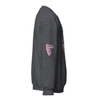 "Leo" is written in pink on the sleeve, adding a stylish touch on a dark grey sweatshirt.