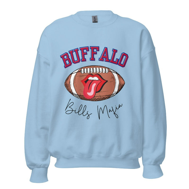 Show your Buffalo Bills pride with our premium sweatshirt featuring the team's name and iconic slogan, "Bills Mafia." On a blue sweatshirt. 