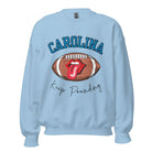 Support the Carolina Panthers in style with our modern and trendy sweatshirt featuring the team's name and powerful teams slogan, "Keep Pounding."  On a blue sweatshirt. 