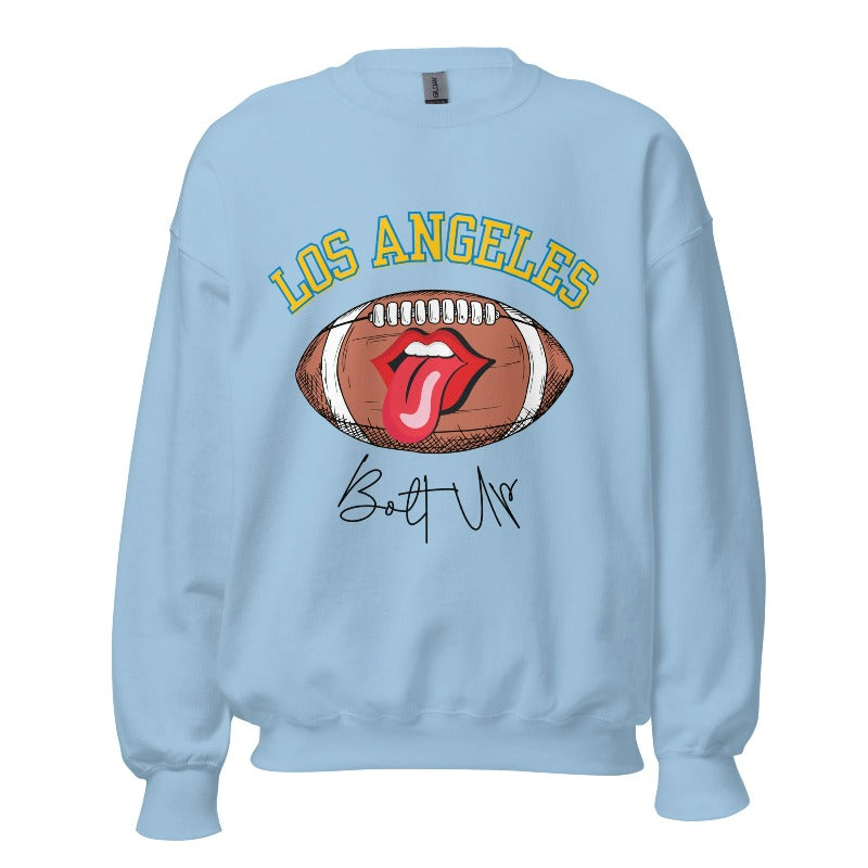 Show off your Los Angeles Chargers pride with our exclusive sweatshirt. It features the team's name and the electrifying slogan "Bolt Up." On a blue sweatshirt. 