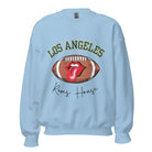 Cheer on the Los Angeles Rams in style with our exclusive sweatshirt featuring the team name and iconic slogan, "Ram House." On a light blue sweatshirt. 
