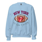 Elevate your game-day attire with this New York Giants sweatshirt, featuring a football and unique lips and tongue design. Highlighted with the team's empowering slogan "We Win Our Way" and the iconic New Yor wordmark, on a light blue sweatshirt. 