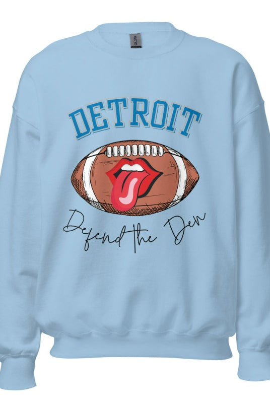 Get ready to show your Detroit Lions pride with this stylish sweatshirt featuring a football and playful lips and tongue design. Complete with the team's slogan "Defend the Den" and the iconic Detroit wordmark, this cozy blue sweatshirt. 