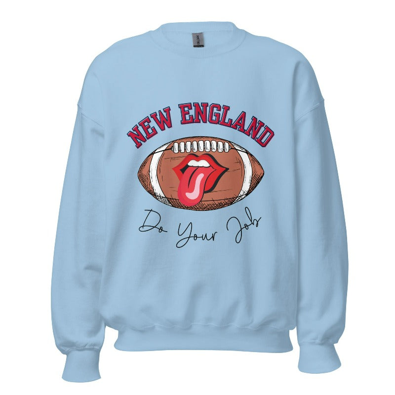 Cheer on the New England team in style with this unique sweatshirt, featuring a football and fun lips and tongue design. Emblazoned with the team's inspiring slogan "Do your Job" and the iconic New England wordmark, this comfortable blue sweatshirt.