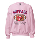 Show your Buffalo Bills pride with our premium sweatshirt featuring the team's name and iconic slogan, "Bills Mafia." On a pink sweatshirt. 