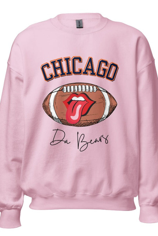 Embrace your Chicago Bears pride with our exclusive sweatshirt featuring the team's name and iconic slogan, "Da Bears." On a pink sweatshirt. 
