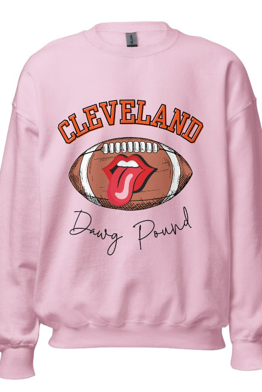Show your Cleveland Browns pride with our exclusive sweatshirt featuring the team's name and iconic slogan, "Dawg Pound." On a pink sweatshirt. 