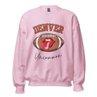 Get ready to show your support for the Denver Broncos in style with our exclusive sweatshirt featuring the team's iconic name and their slogan "uncommon." On a light pink sweatshirt. 