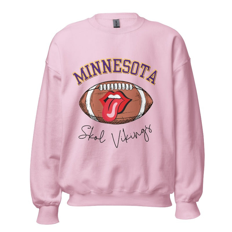Elevate your game-day look with this Minnesota Viking sweatshirt, featuring a football and unique lips and tongue design. Complete with the team's rallying cry " Skol Vikings" and the iconic Minnesota wordmark, on this pink sweatshirt. 