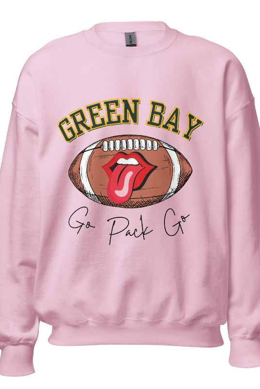 Support the Green Bay Packers in style with our exclusive sweatshirt featuring the team's name and iconic slogan, "Go Pack Go." On a pink sweatshirt. 