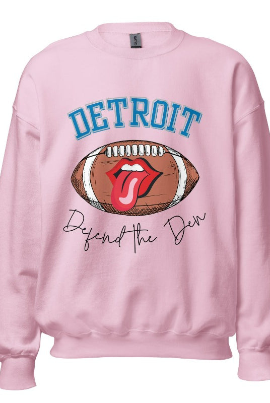 Get ready to show your Detroit Lions pride with this stylish sweatshirt featuring a football and playful lips and tongue design. Complete with the team's slogan "Defend the Den" and the iconic Detroit wordmark, this cozy pink sweatshirt.