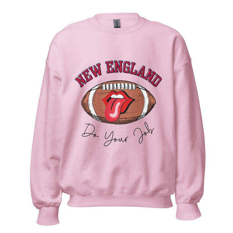 Cheer on the New England team in style with this unique sweatshirt, featuring a football and fun lips and tongue design. Emblazoned with the team's inspiring slogan "Do your Job" and the iconic New England wordmark, this comfortable pink sweatshirt. 