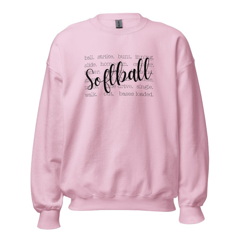Softball terminology pullover sweatshirt. Graphic on a pink sweatshirt.