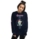 Navy Gildan sweatshirt featuring a vibrant Cancer zodiac design. The front showcases an artistic representation of a woman with flowing hair adorned with a crab, surrounded by celestial elements like moons and stars, in pastel colors. The word "Cancer" is written in a stylish pink script above the design. The sleeve also has "Cancer" written vertically in matching pink script.