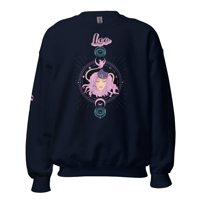 Gildan crewneck pullover sweatshirt featuring a pastel illustration of a Leo figure with flowing purple hair, surrounded by celestial elements. The word "Leo" is written in pink on the sleeve, adding a stylish touch on a navy sweatshirt.