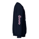 Navy Gildan sweatshirt featuring a vibrant Cancer zodiac design. The front showcases an artistic representation of a woman with flowing hair adorned with a crab, surrounded by celestial elements like moons and stars, in pastel colors. The word "Cancer" is written in a stylish pink script above the design. The sleeve also has "Cancer" written vertically in matching pink script.